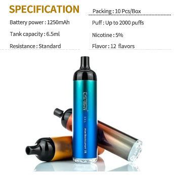 5% Nicotin 2000 Puff Disposable Vape 1250mAh Battery 6.5ML Cotton Coil